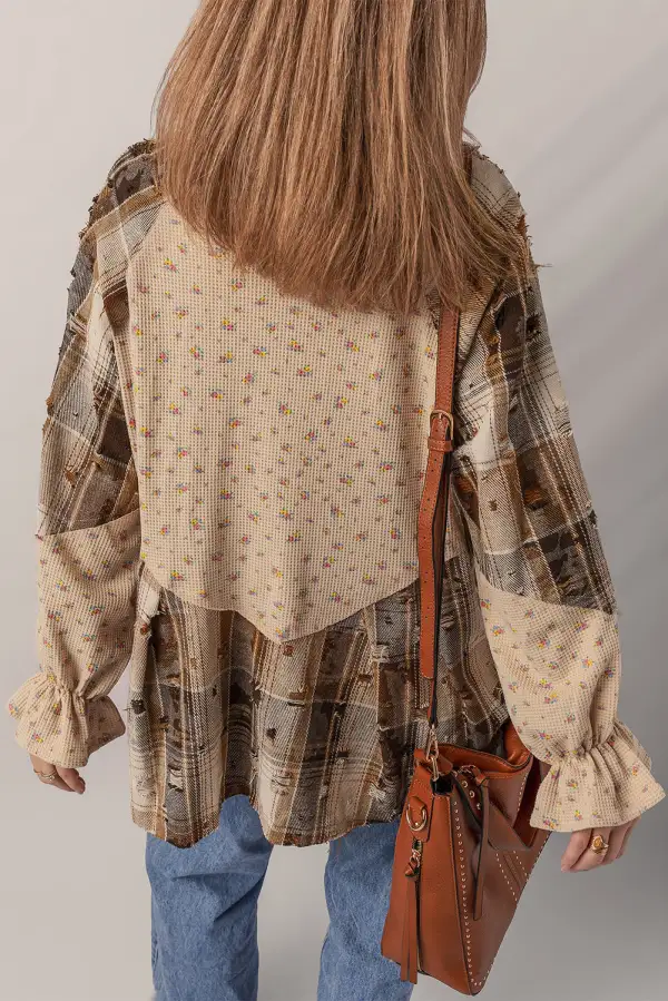 Oatmeal Boho Floral Plaid Patchwork Distressed Detail Ruffled Waffle Knit Shirt Jacket