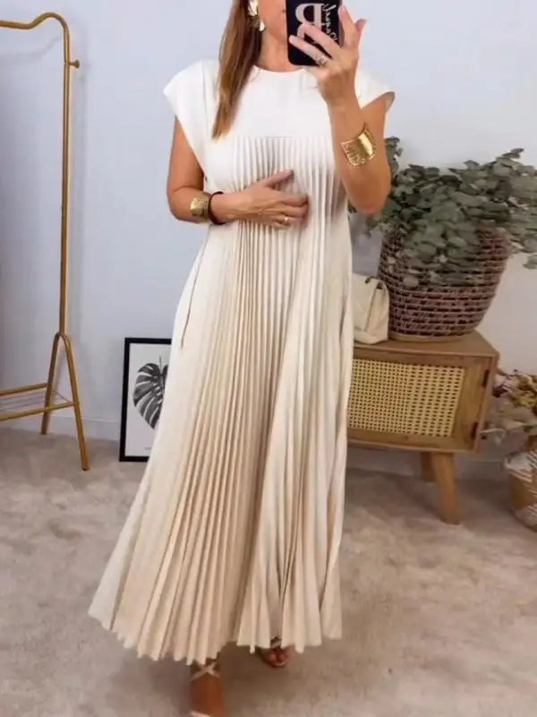 High Color Pleated Neck Maxi Dress