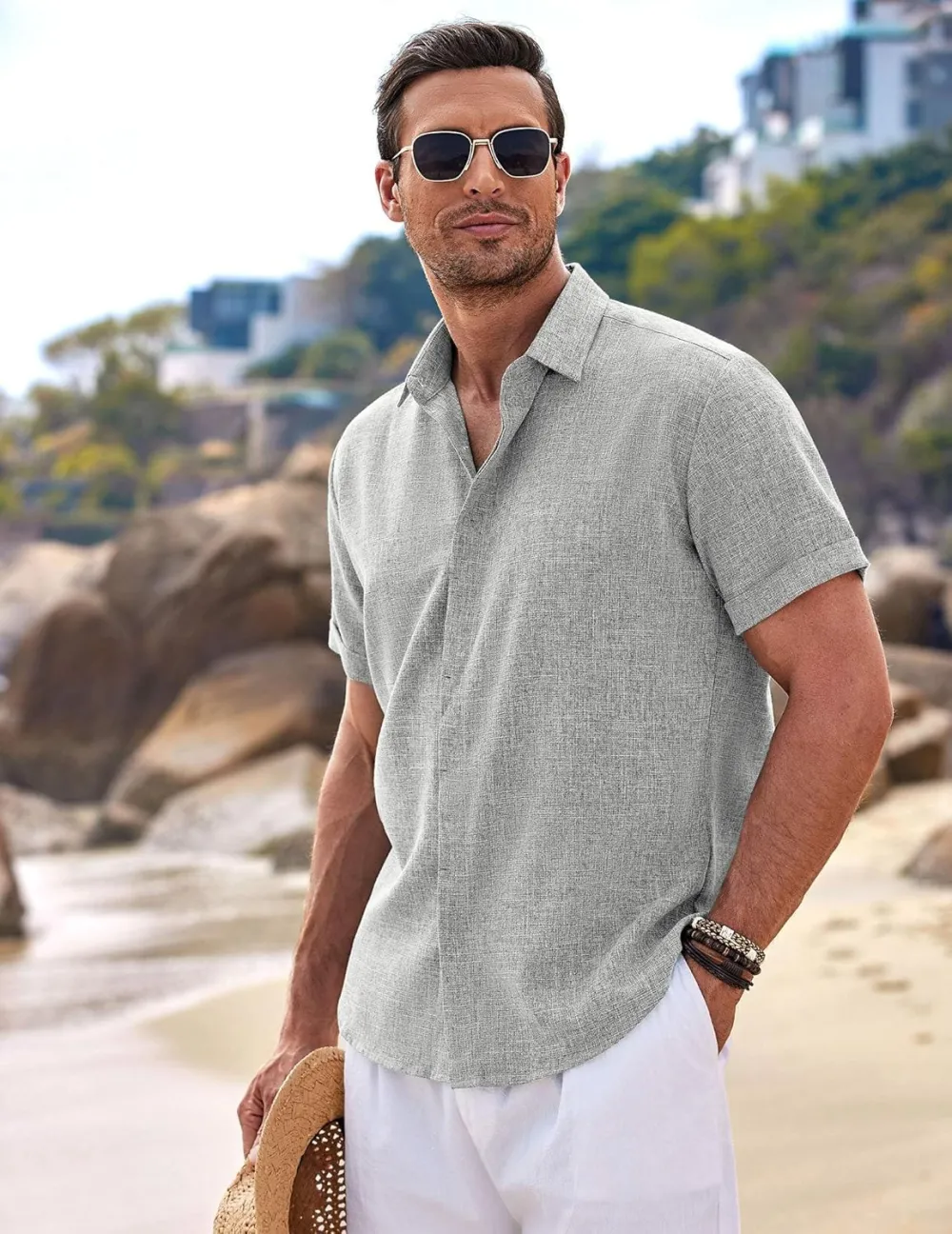 Men's Linen Shirts Short Sleeve Casual Shirts Button Down Shirt for Men Beach Summer Wedding Shirt