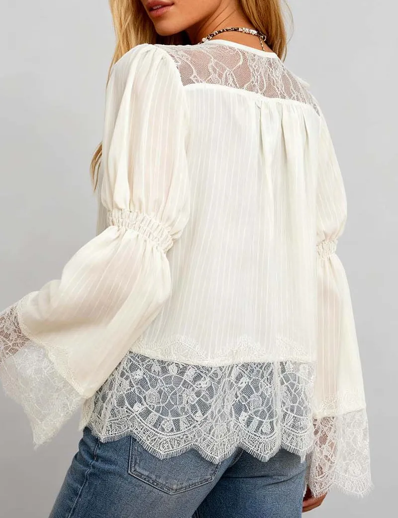 Sheer Lace Panel V Neck Button Front Blouse