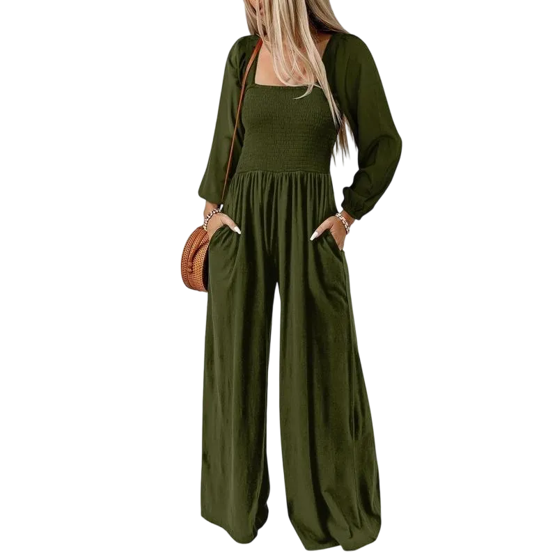 Women's Wide Leg Jumpsuit - Long Sleeve Loose Fit Overalls with Pockets