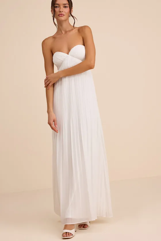 Remley White Pleated Strapless Maxi Dress
