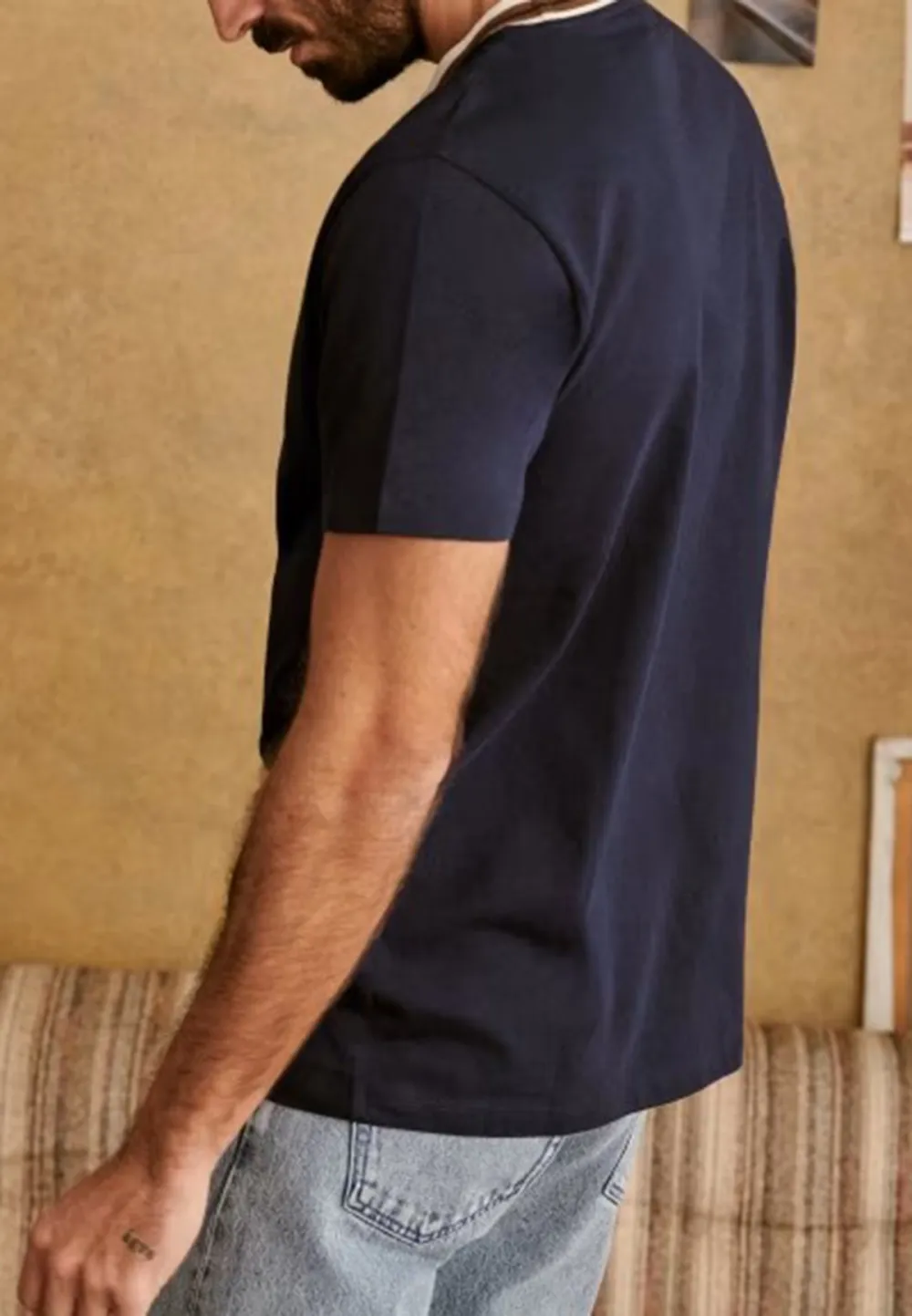 Navy Brown Trim Crew Neck Cotton T-Shirt