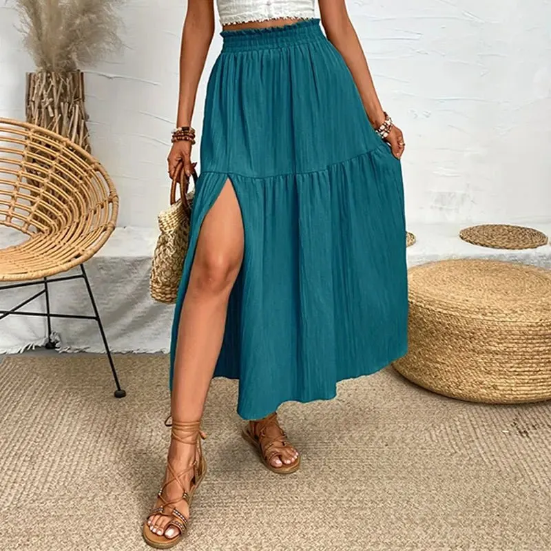 Layered Ruffle Side Slit Midi Skirt