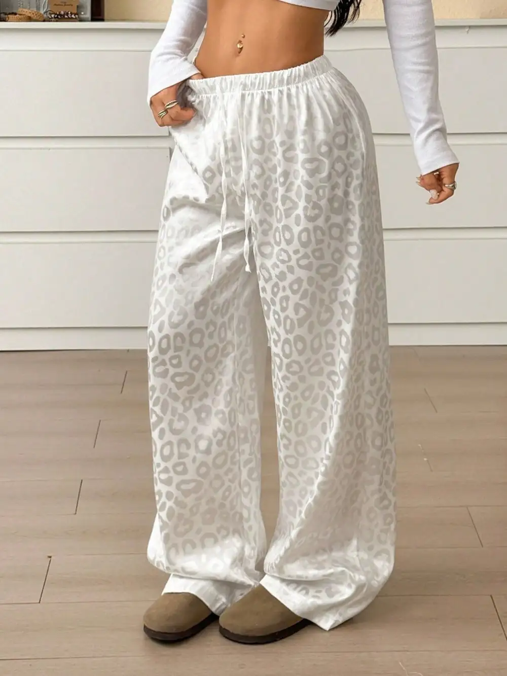 Wide Leg Leopard Print Drawstring Casual Pants