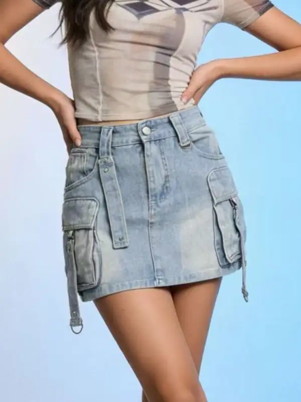 Comfort Button Front Denim Detail Skirt