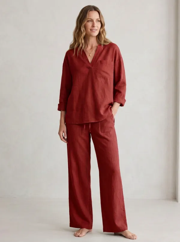 Weekend-Lounge Cotton-Linen V-Neck Long-Sleeve Lounge Set