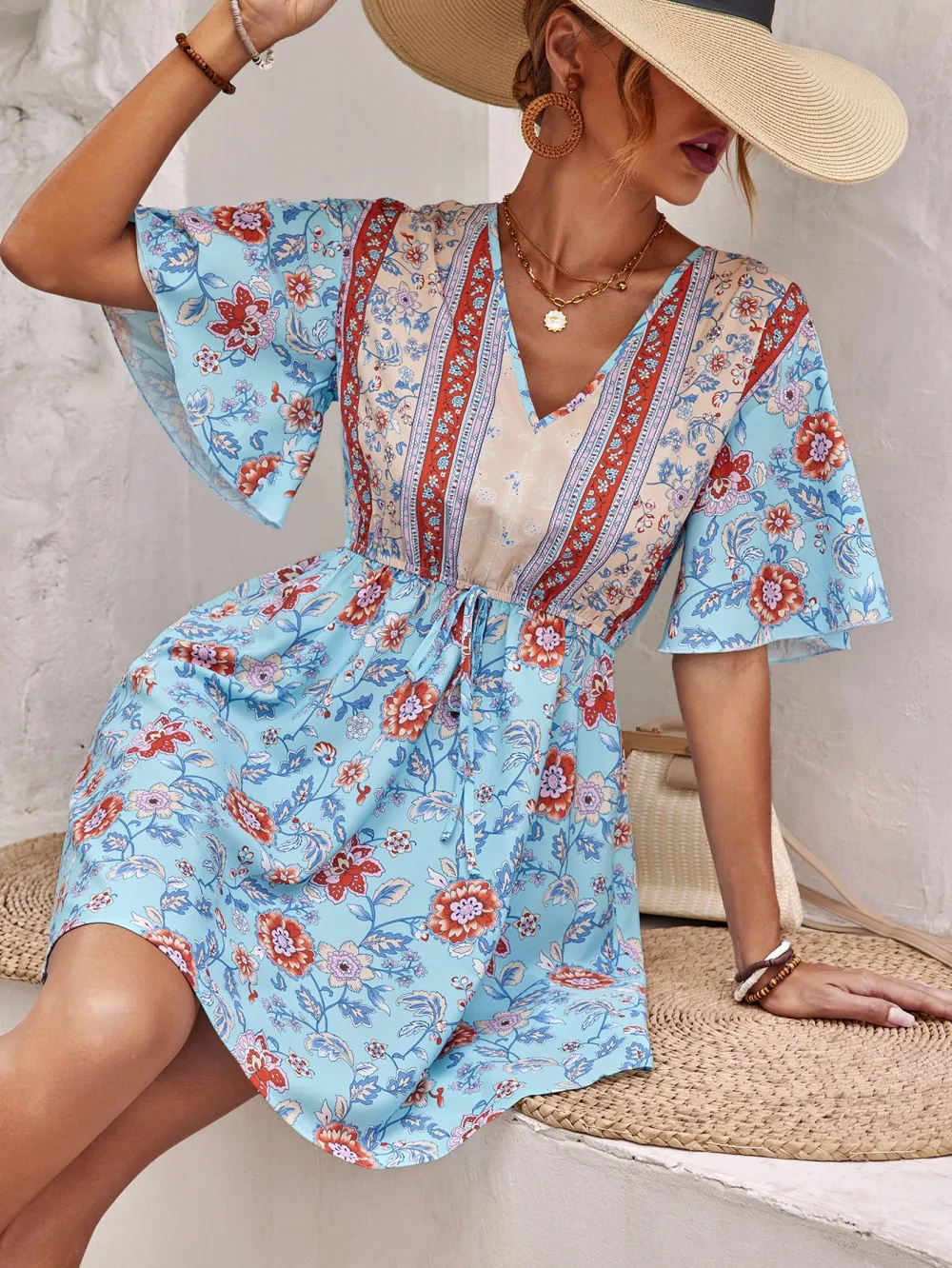 Plus Size Floral Print Butterfly Sleeve Tie Back Knot Front Dress