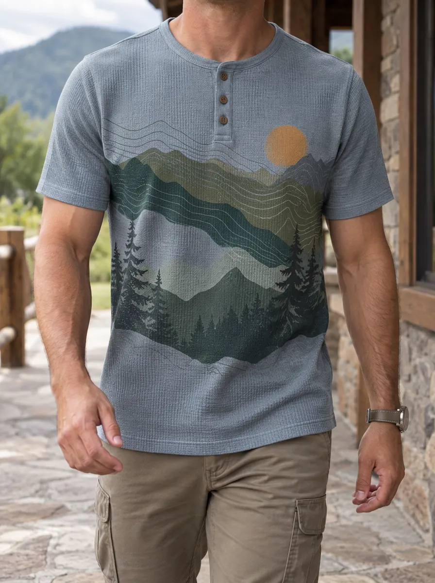 Men's Refined Nature Lover Mountain Forest Sunset Henley T-Shirt