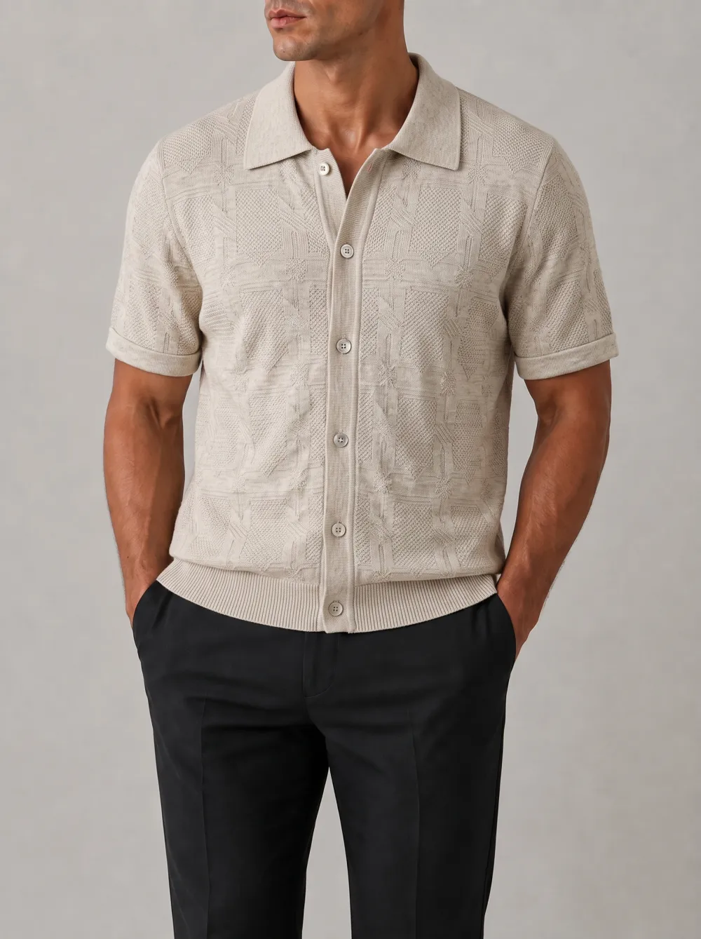 Men's Casual Beige Geometric Textured Knitted Polo Shirt