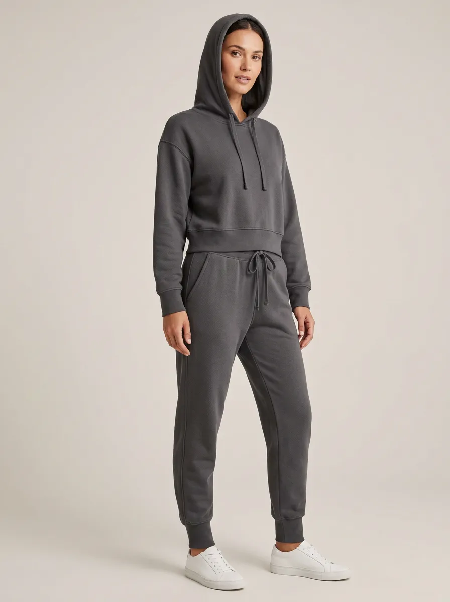 Women's Drawstring Cropped Hoodie Slant-Pocket Jogger Set