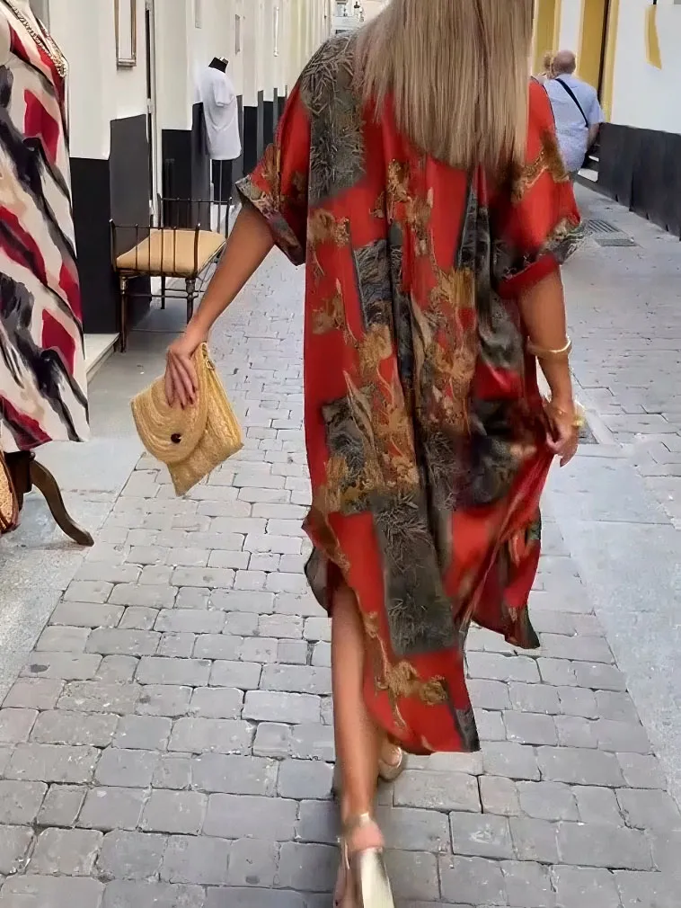 Retro Satin Print V Neck Shirt Midi Dress
