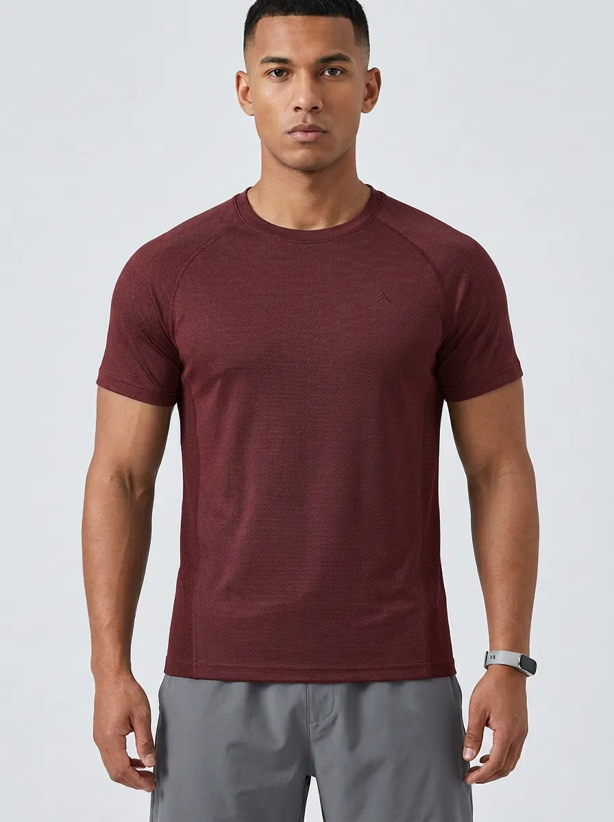 Men's Active Emblem Athletic Mesh Textured Raglan Performance Sport Crewneck T-Shirt