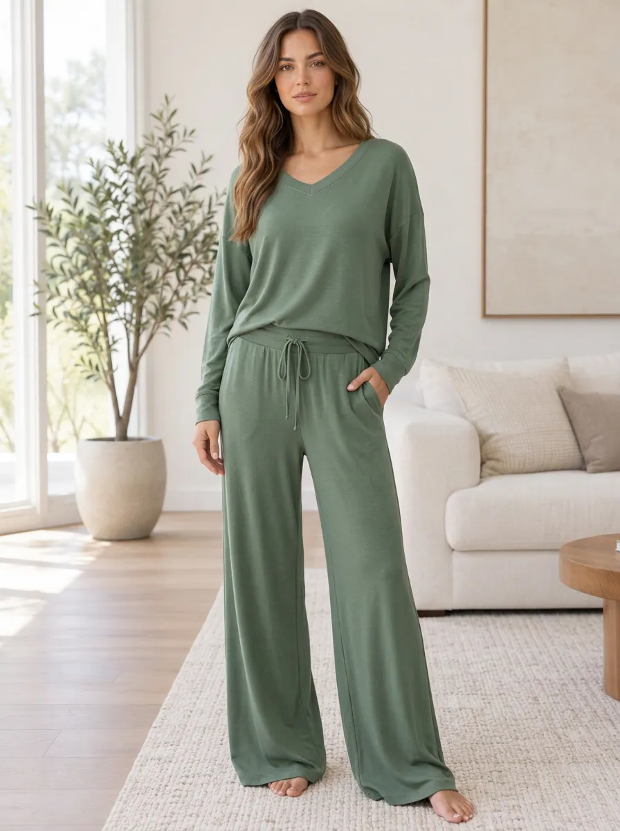 Women's V-Neck Comfort Lounge Wide Leg Loungewear Set