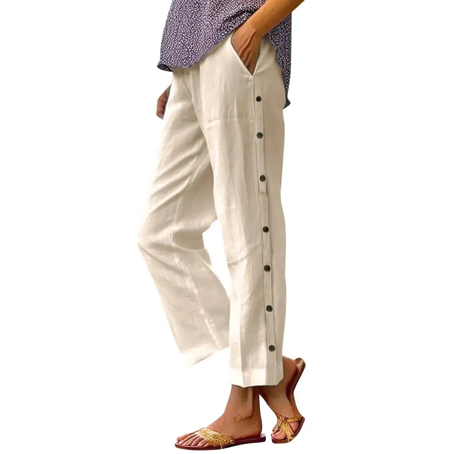 Full Size Side Decor Button Casual Wide Leg Pants Plus Size