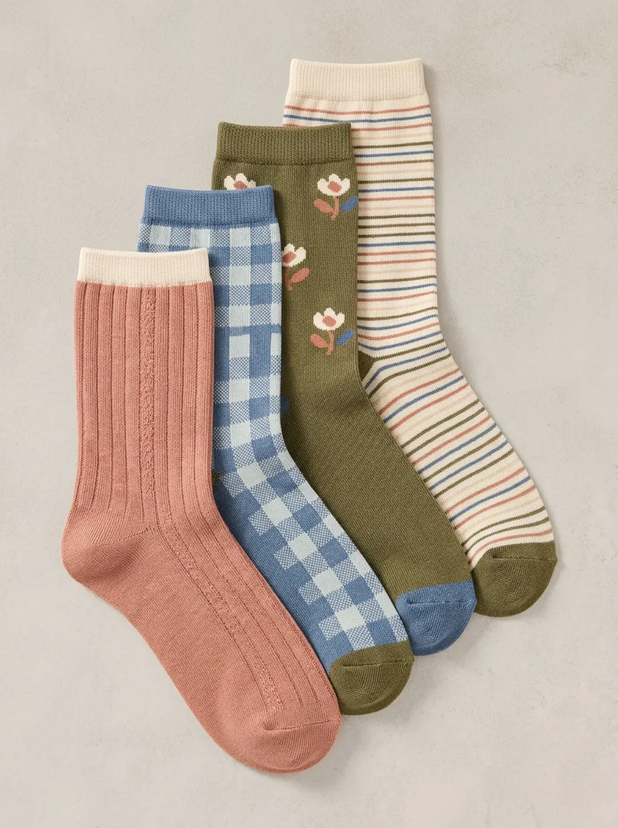 Essential Floral Striped Classic Look Women's Four Pair Socks
