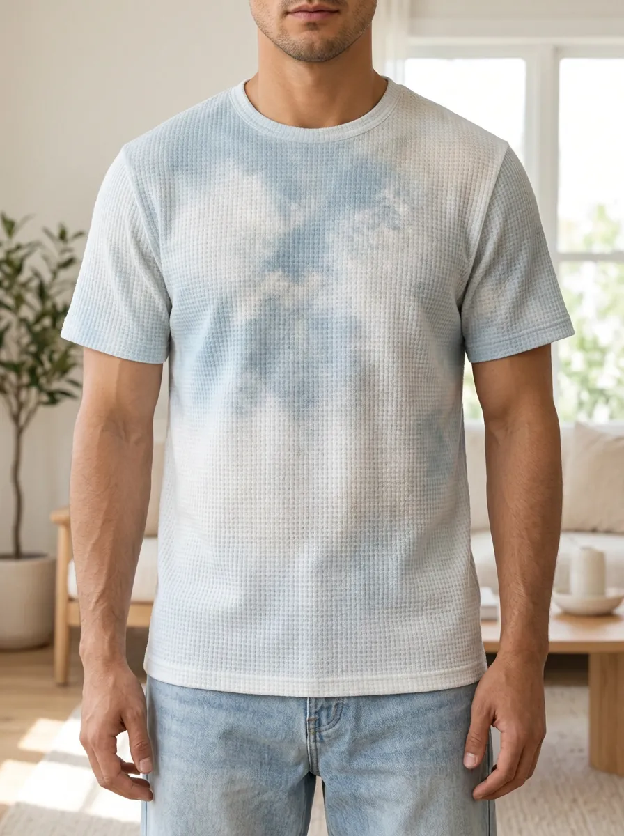 Men's Casual Tie-dye Waffle Knit Classic Crew Neck T-Shirt