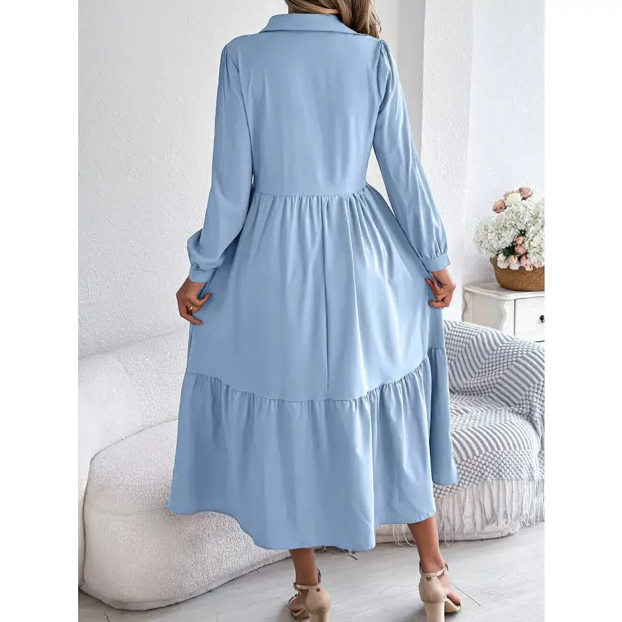 Long Sleeve Tiered Button Front Midi Dress