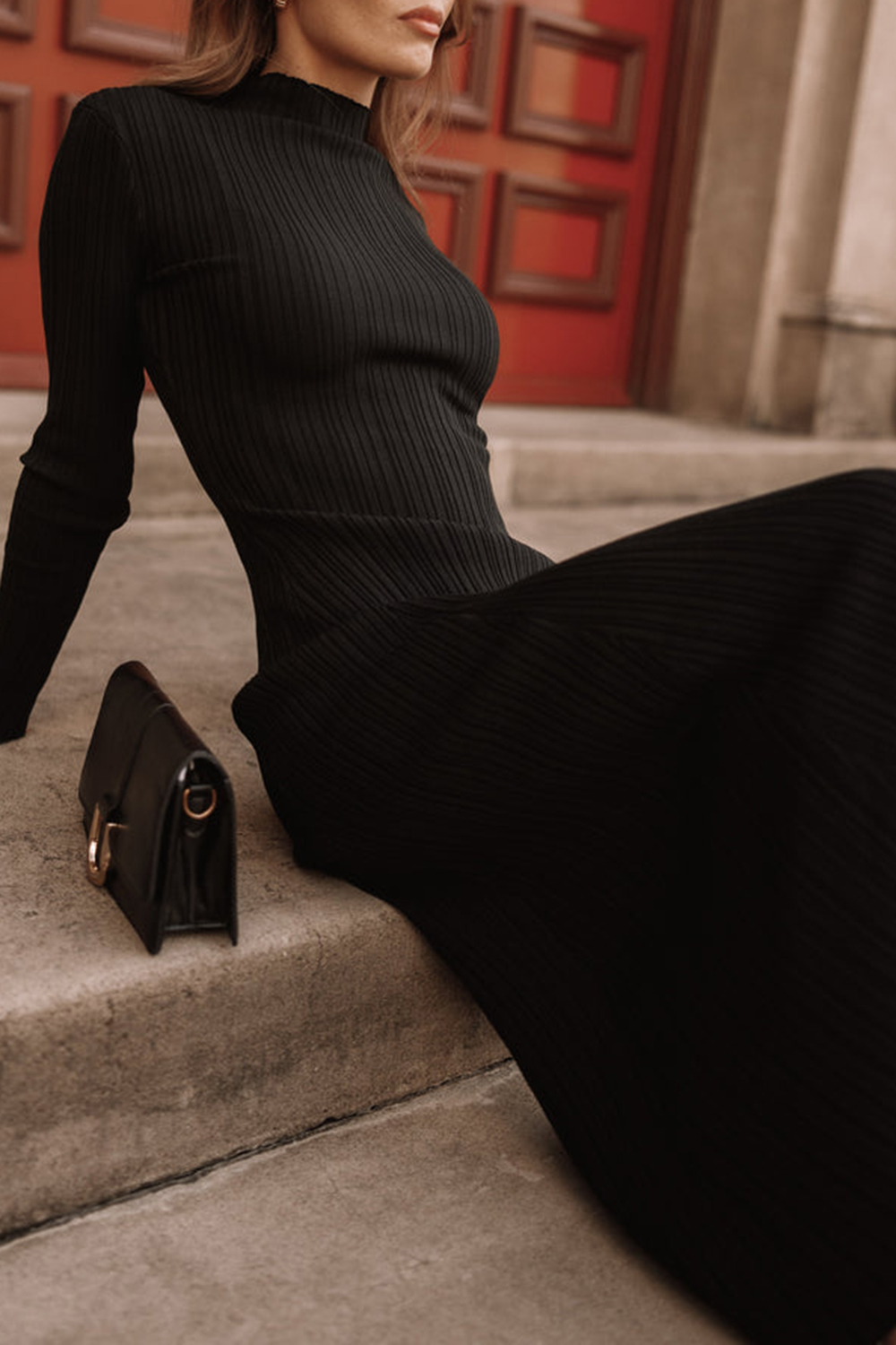 MATURE STYLE BLACK LONG-SLEEVED DRESS