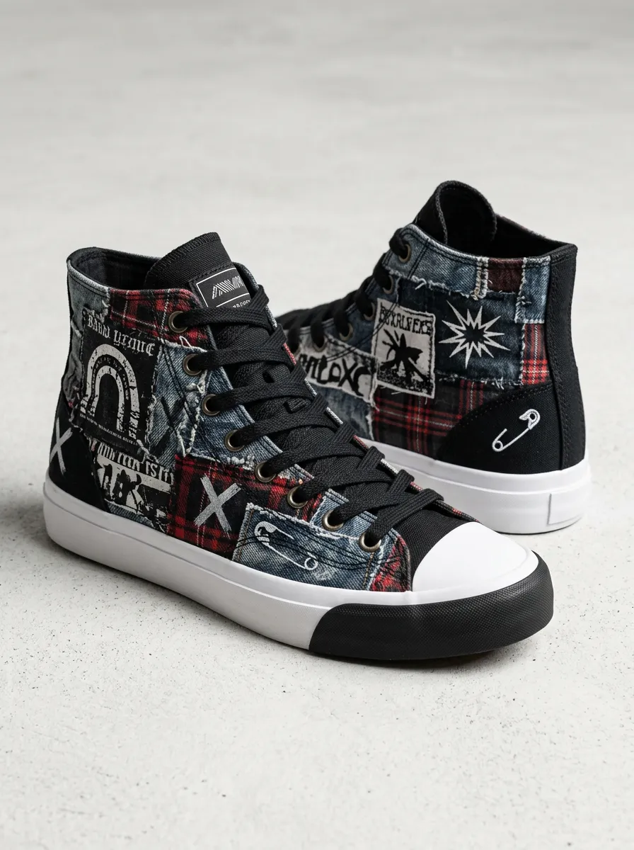 Men's Punk Rock Plaid Patchwork Safety Pin Printed Canvas Shoes