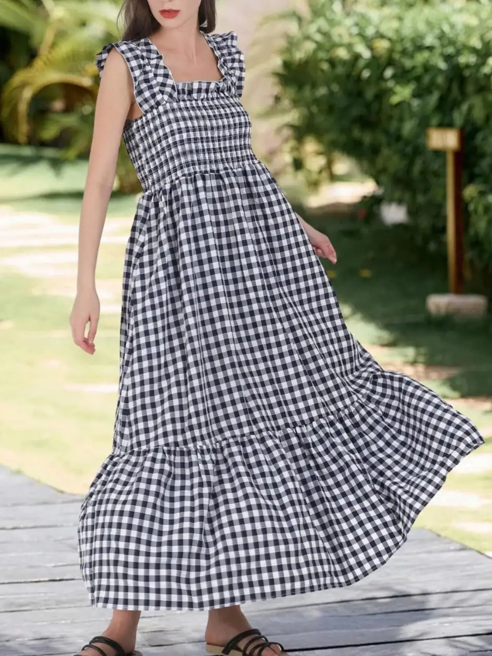 Plaid Ruffle Sleeveless Midi Dress