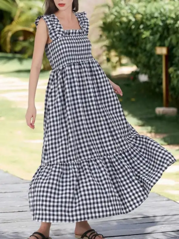 Plaid Ruffle Sleeveless Midi Dress