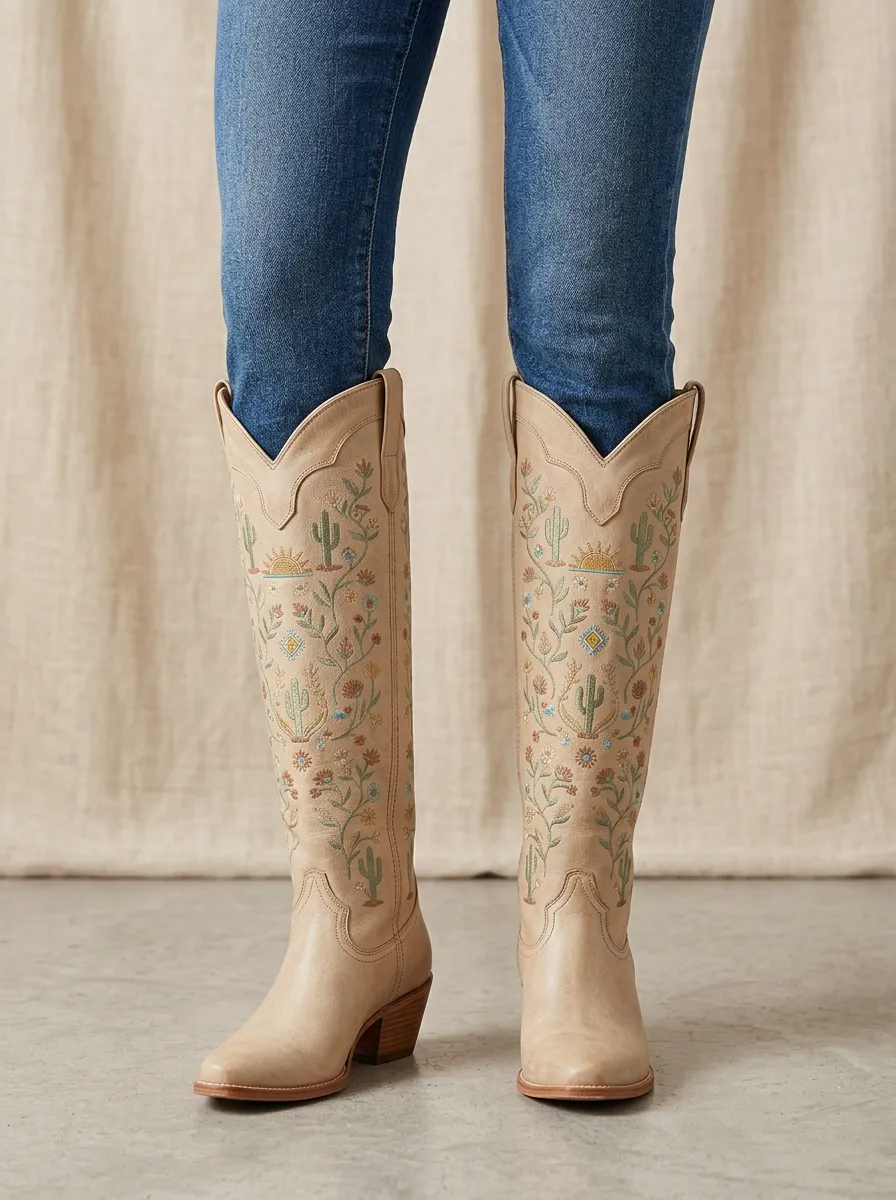 Women's Cactus Floral Sun Embroidered Block-Heel Stacked-Heel Western Denim Over-the-Knee Boots