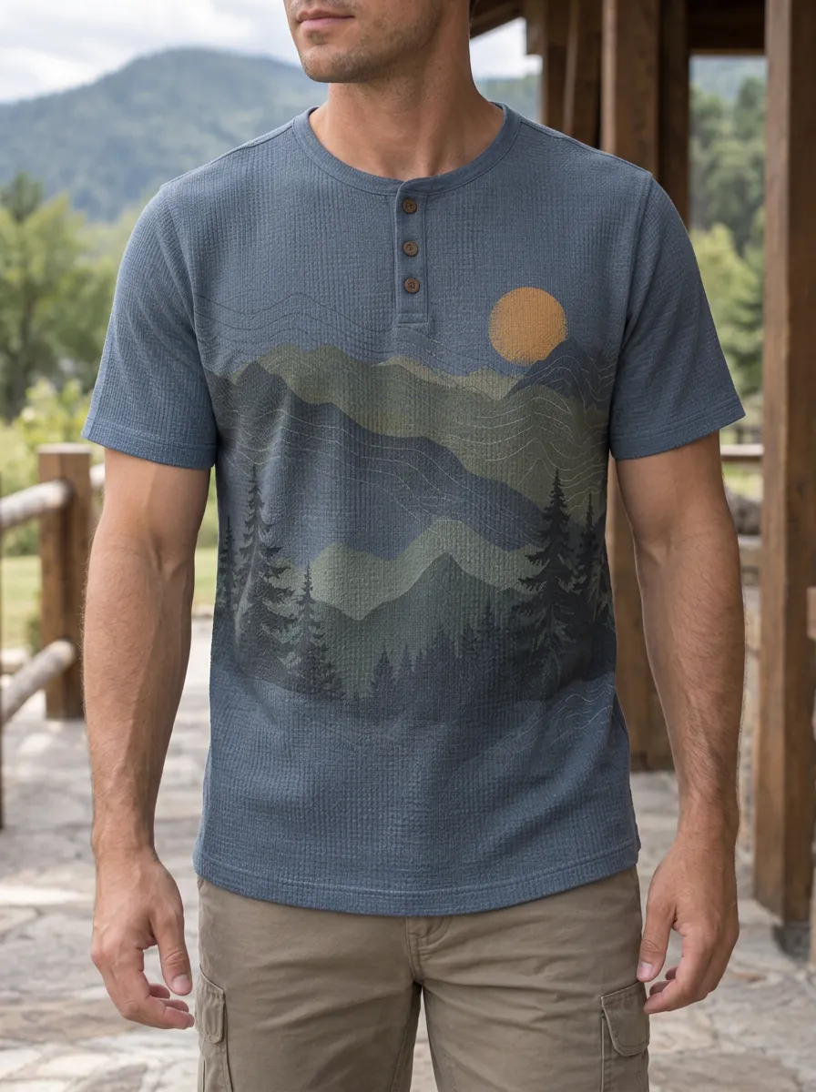 Men's Nature Outdoor Mountain Forest Sun Printed Henley T-shirt