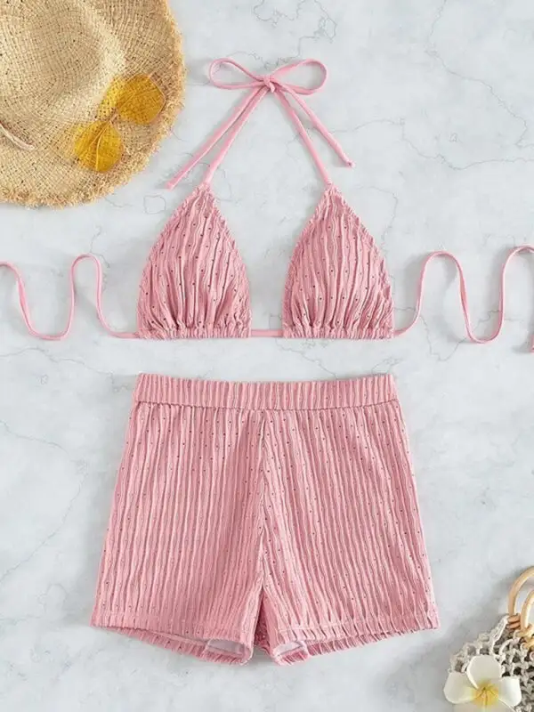 Lace Up Textured Coordinated Bikini Swim Set