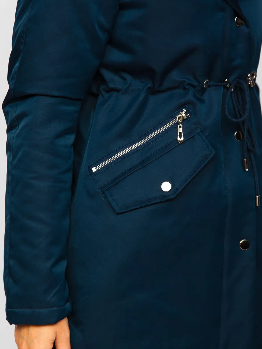 Dark blue women's winter parka with hood