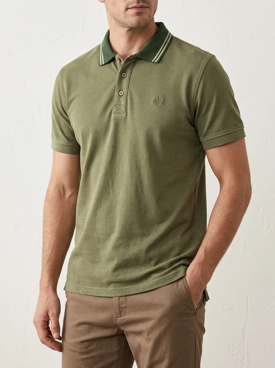 Men's Olive Green Leaf Logo Embroidered Polo Shirt