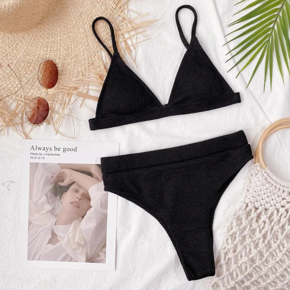 Spaghetti Strap Ribbed Bikini Set Accessory