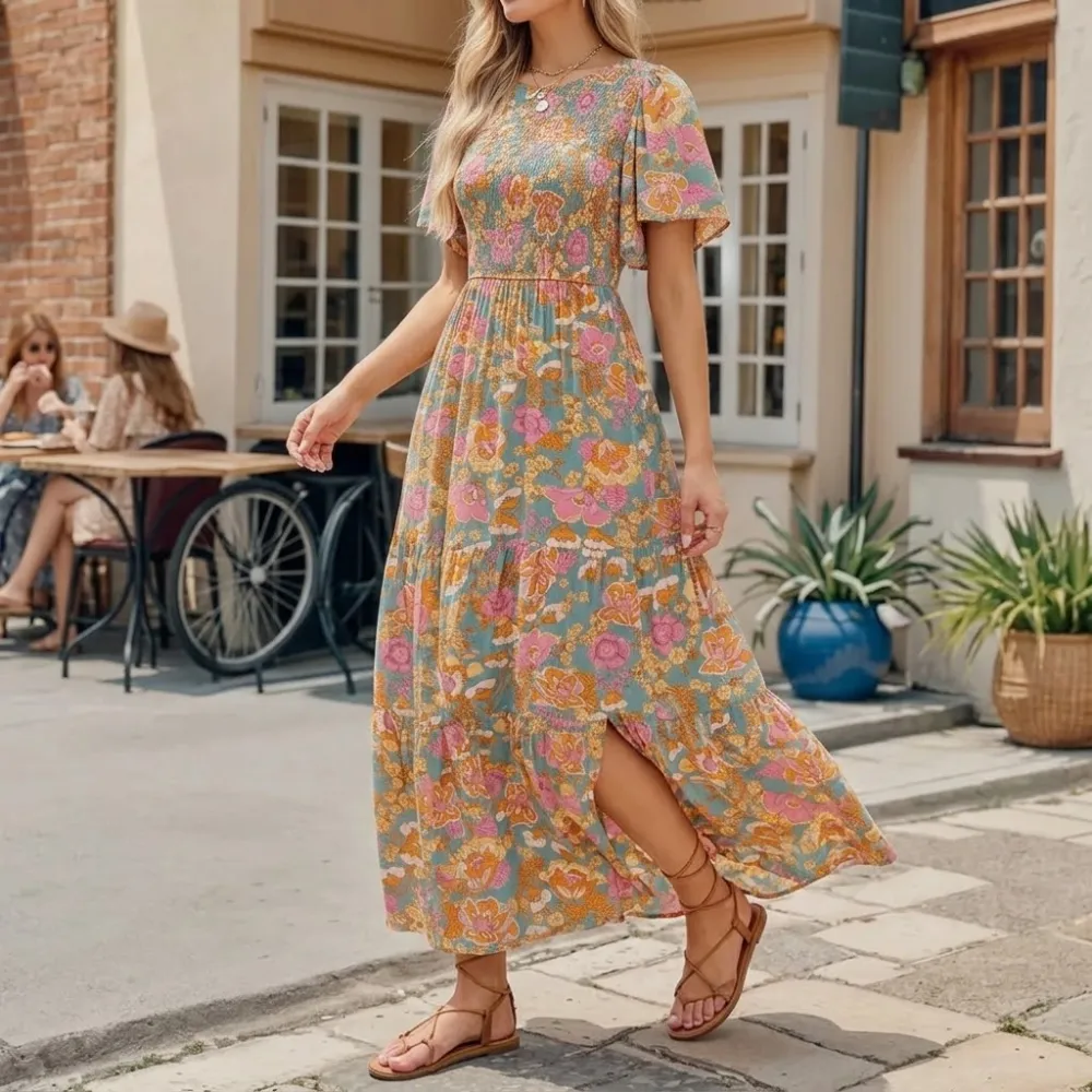 Textured Smocked Floral Maxi Dress
