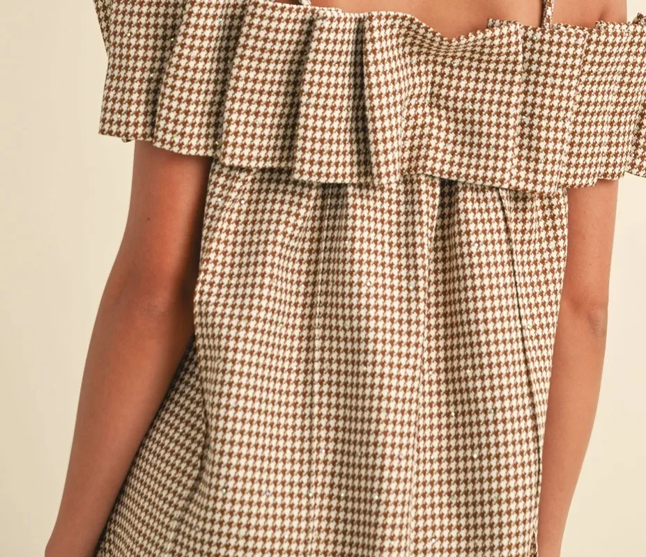 Sequin Houndstooth Pleated Off Shoulder Dress