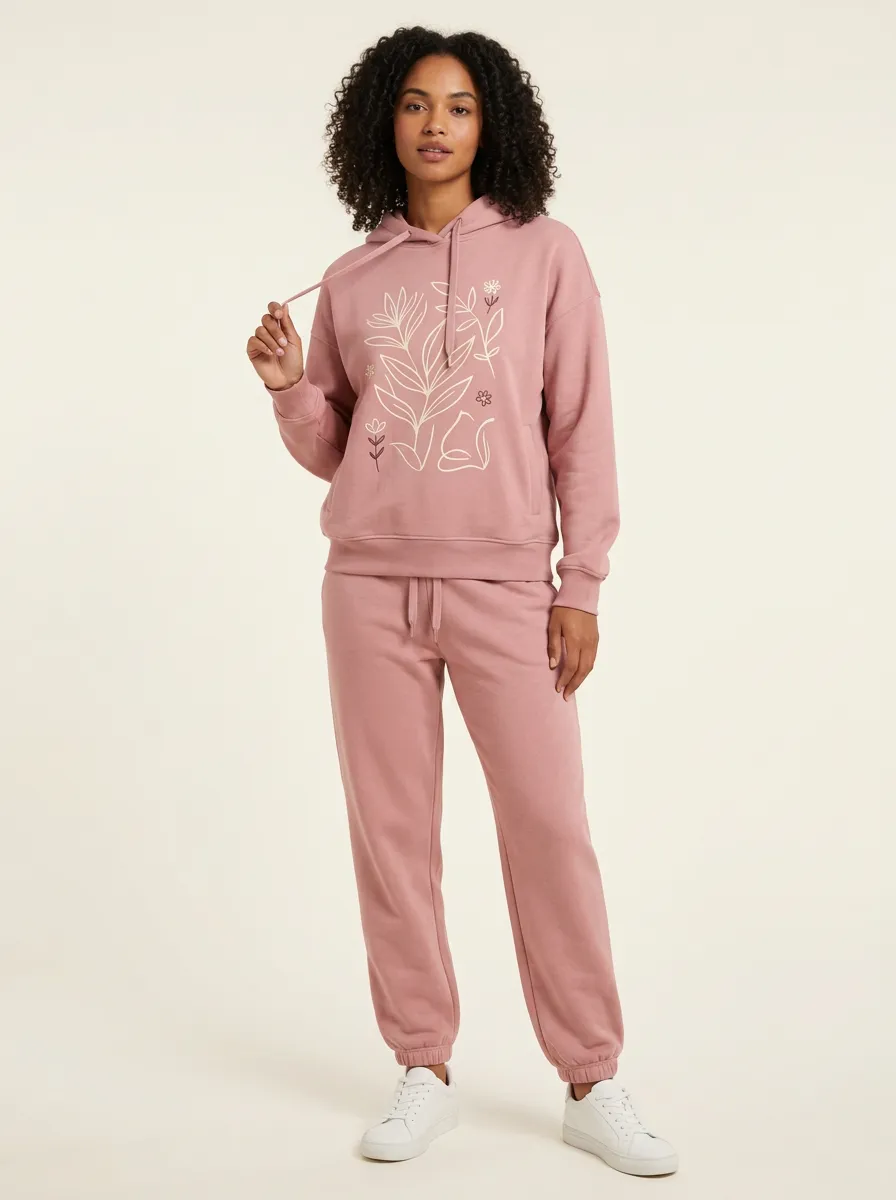 Women's Dusty Rose Tapered Pants Solid Hoodie & Pants Set