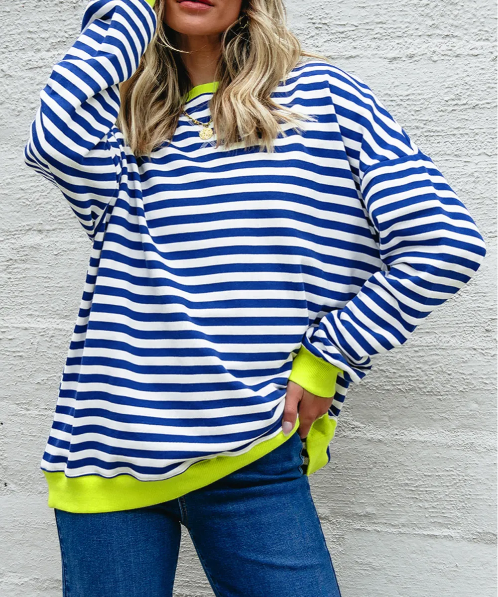 Soft Feel Striped Ribbed Drop Shoulder Sweatshirt