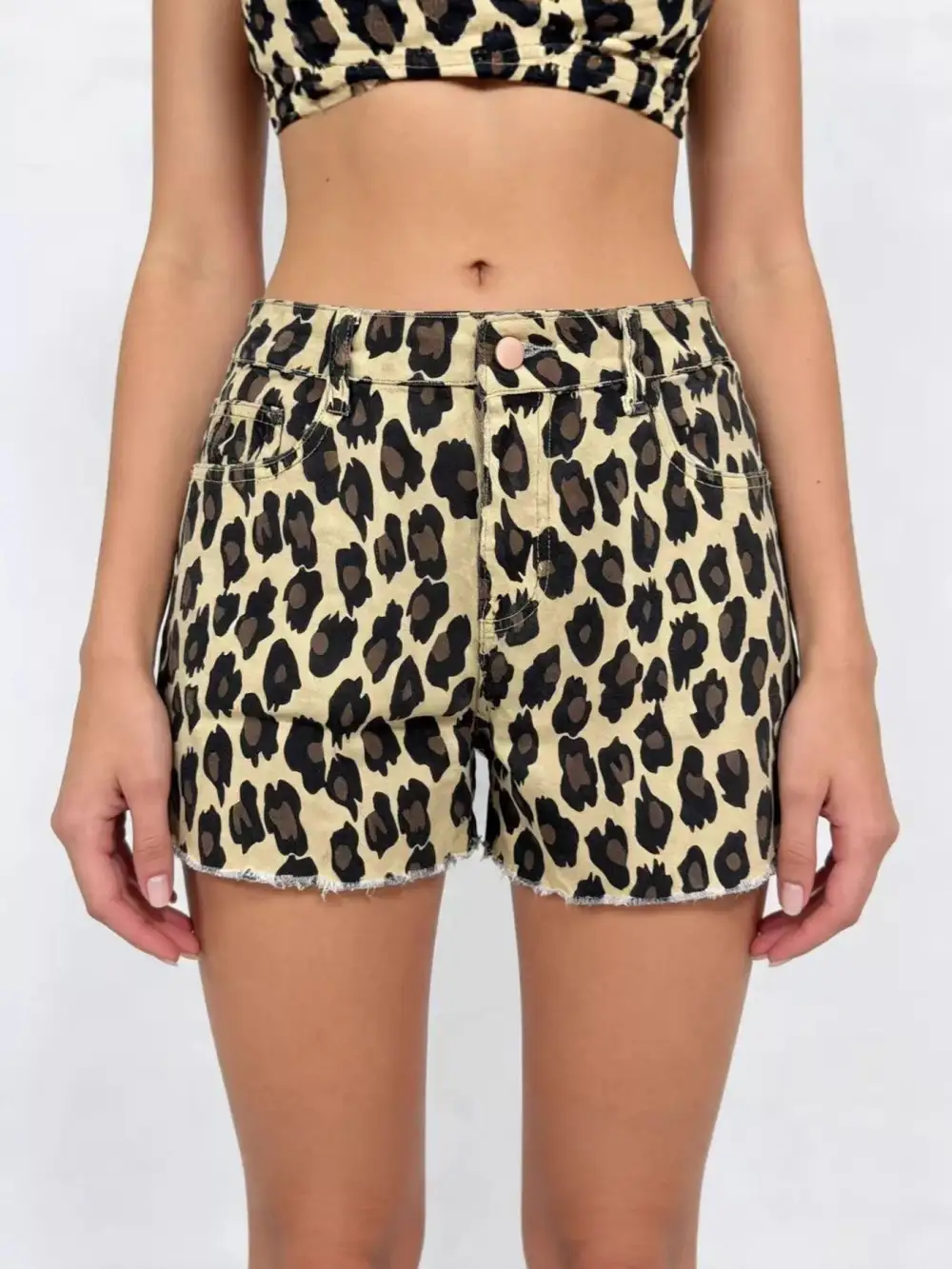 Leopard Print High Waisted Denim Shorts