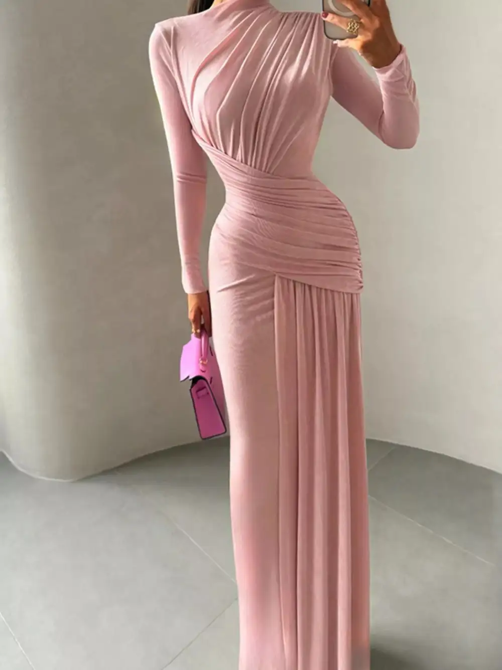 Polished Detail Ruched Long Sleeve Maxi Dress