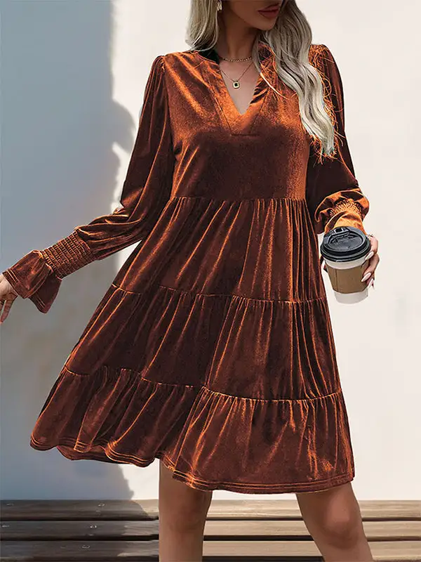 A Line Long Sleeve Pleated Solid Color Velvet V Neck Mini