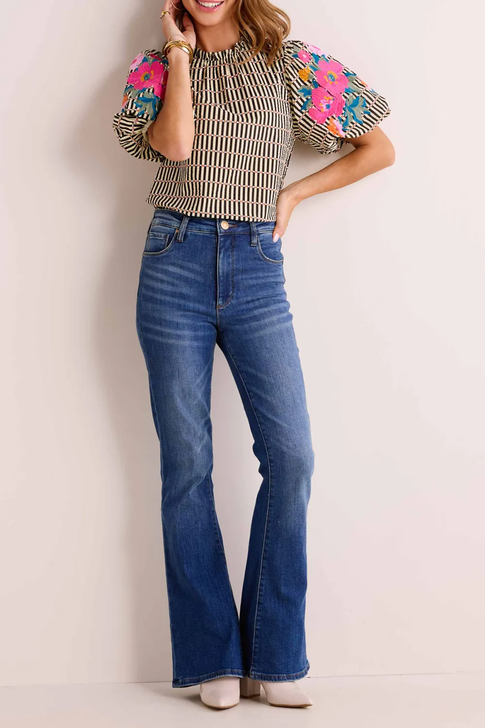 Floral Embroidered Puff Sleeve Checked Top