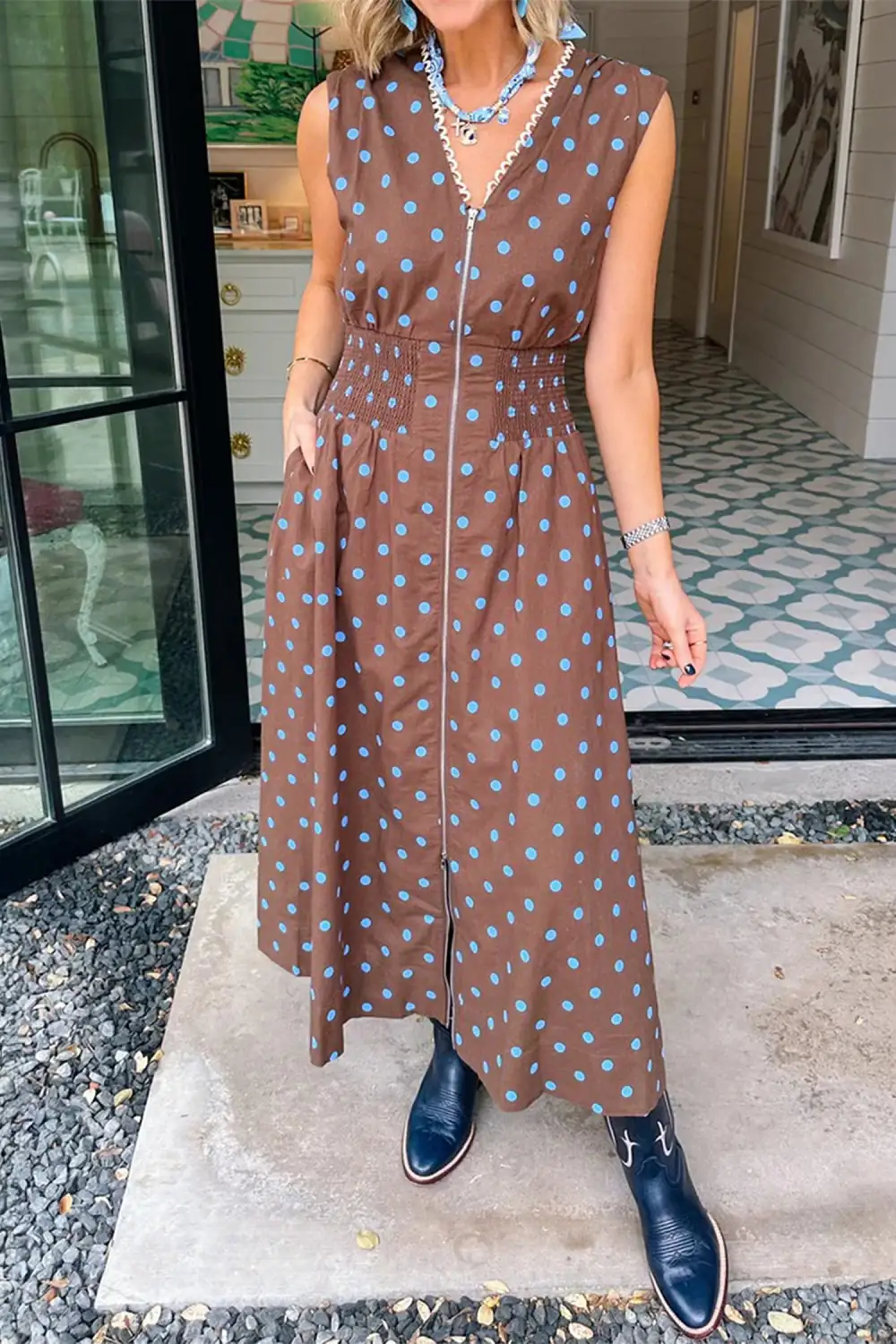 Polka Dot Printed V Neck Dress Casual