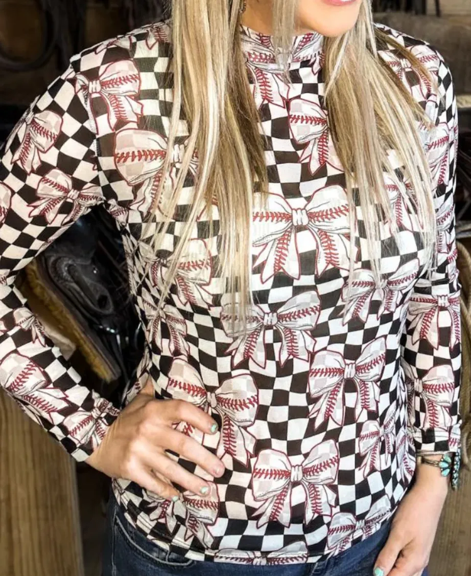 Checkered Baseball Bow Detail Mesh Top