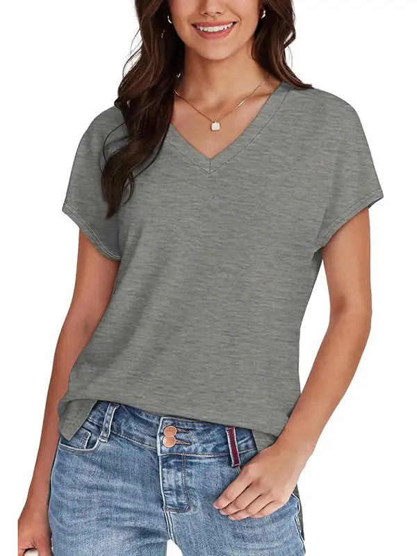 High Low Raglan Sleeve Panel Detail Side Slit V-Neck T-Shirt