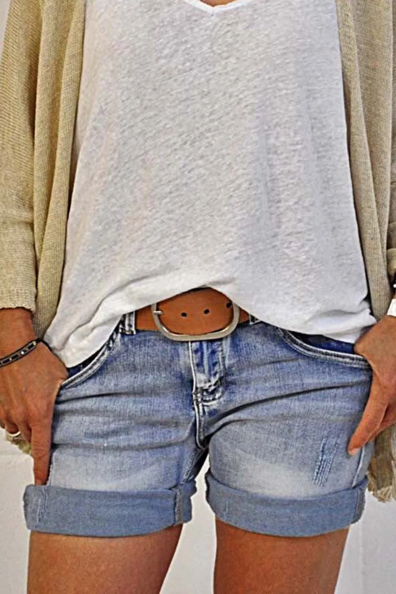 Zip Fly Ripped Denim Shorts Without Belt