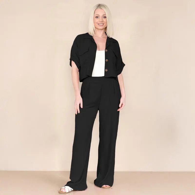 Women's Casual Button Front Flap Pocket Blouse & Wide Leg Trousers Co-ord, Crop Short Sleeve Shirt & High Waist Pants Two-Piece Set