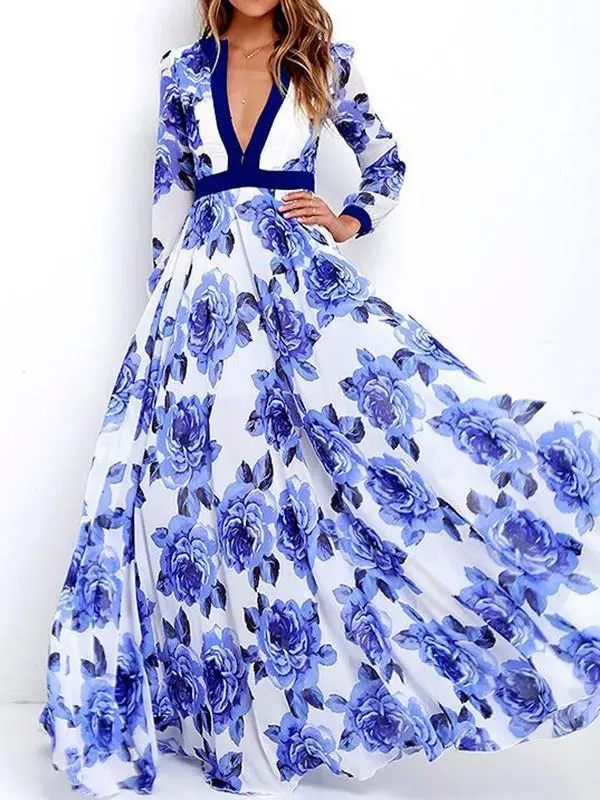 Floral Printed Deep V-neck Long Sleeves Maxi Dress