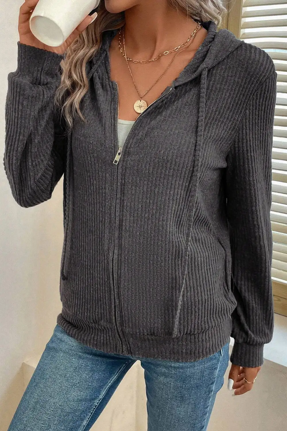 Relaxed Ribbed Zip Detail Hoodie