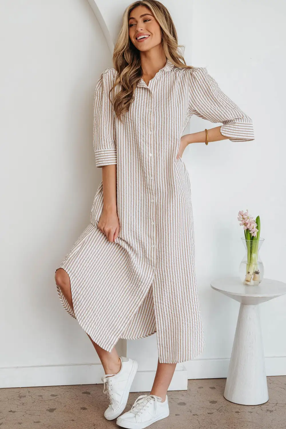 Striped Ruffle Short Sleeve Maxi Dress