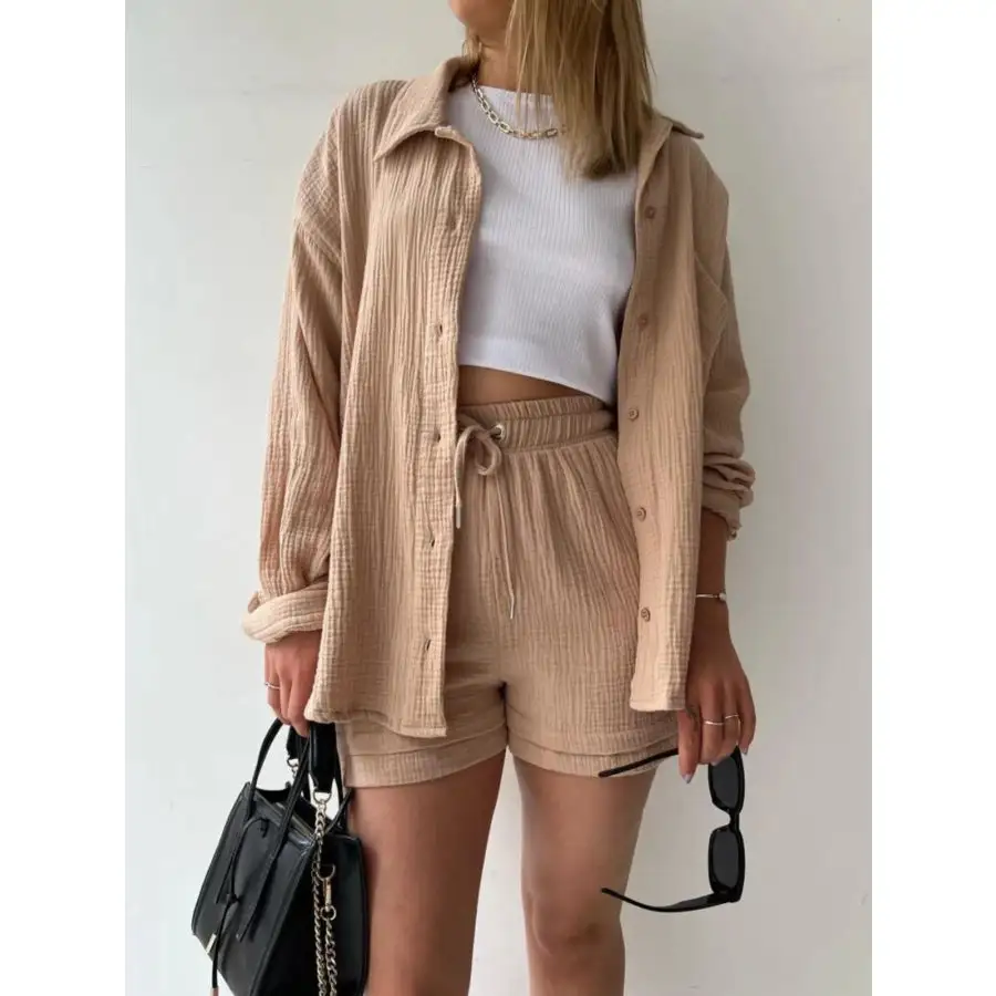 Relaxed Textured Button Up Shirt and Shorts Set