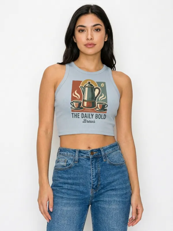 Women's Coffee Lover Daily Bold Brews Printed Crop Tank Top